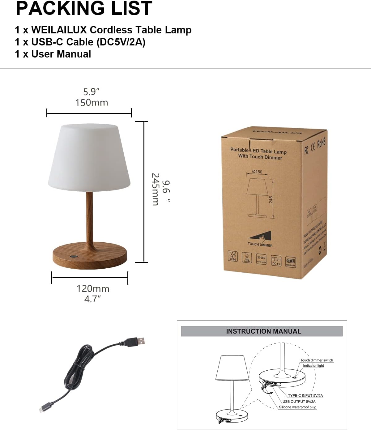 Lámpara LED inalámbrica recargable para interiores y exteriores