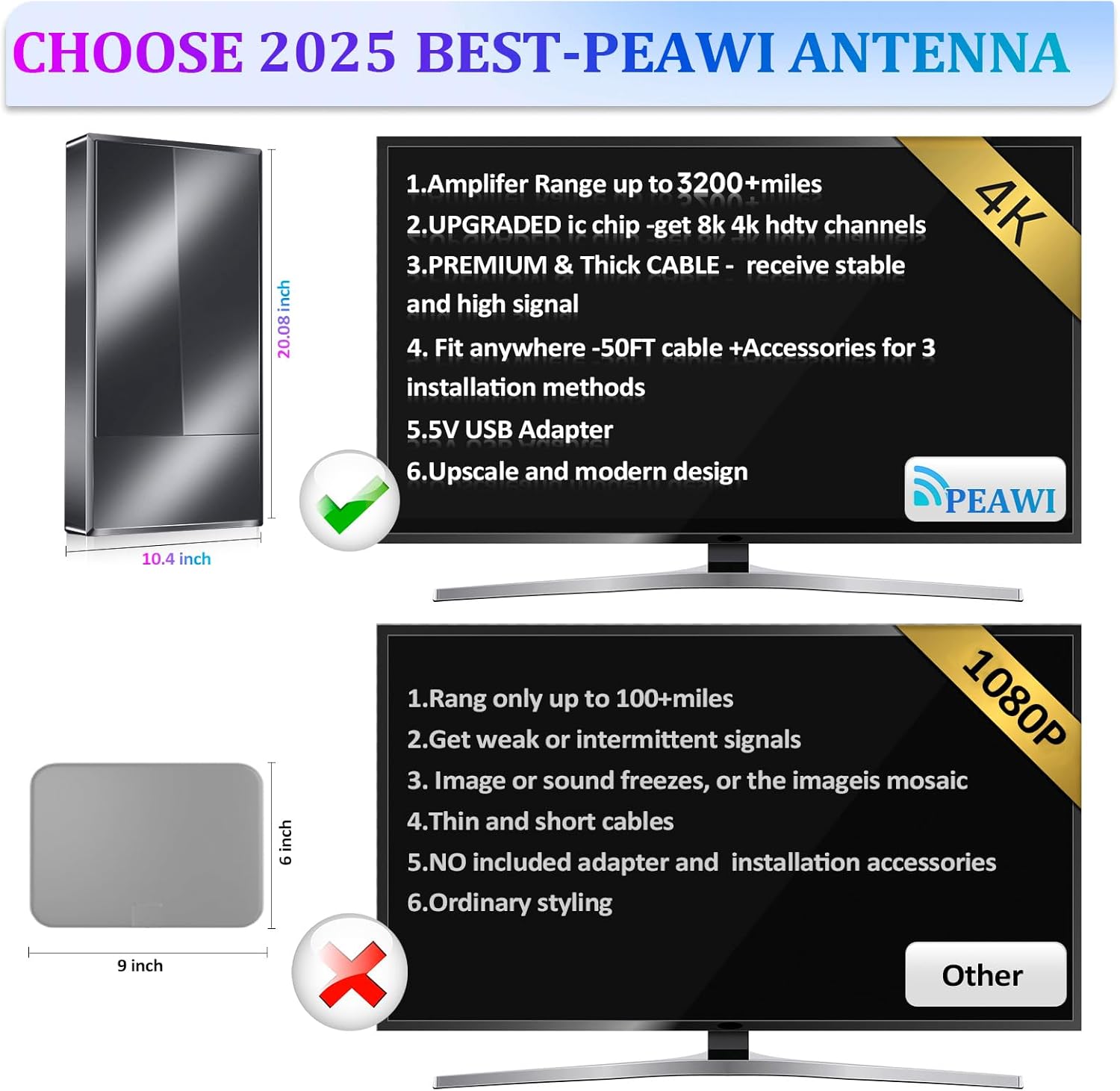Antena digital para Smart TV, amplificador de señal soporte 8K 4K 1080p