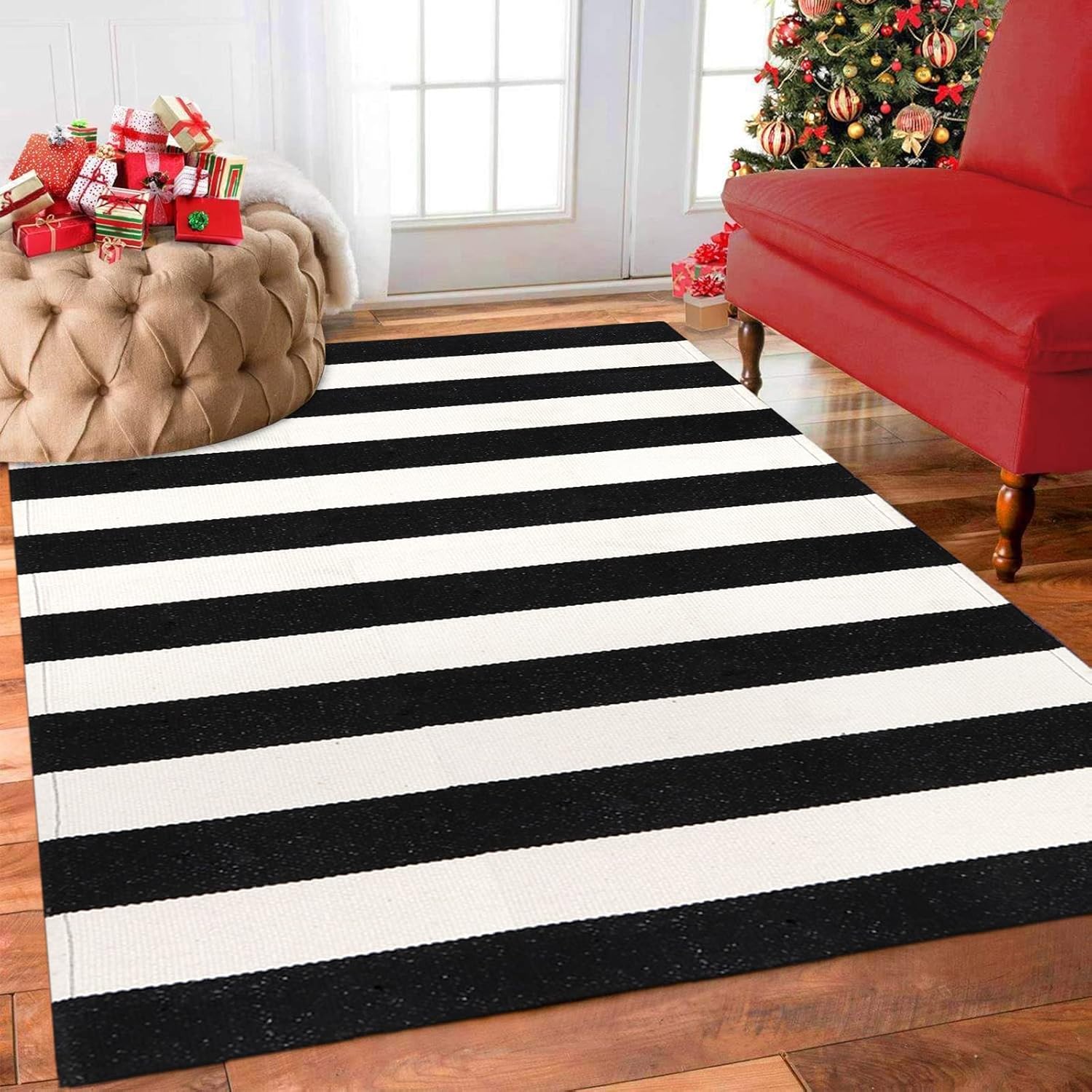 Alfombra decorativa de  algodón impreso en tiras blancas y negras 3X5 pies
