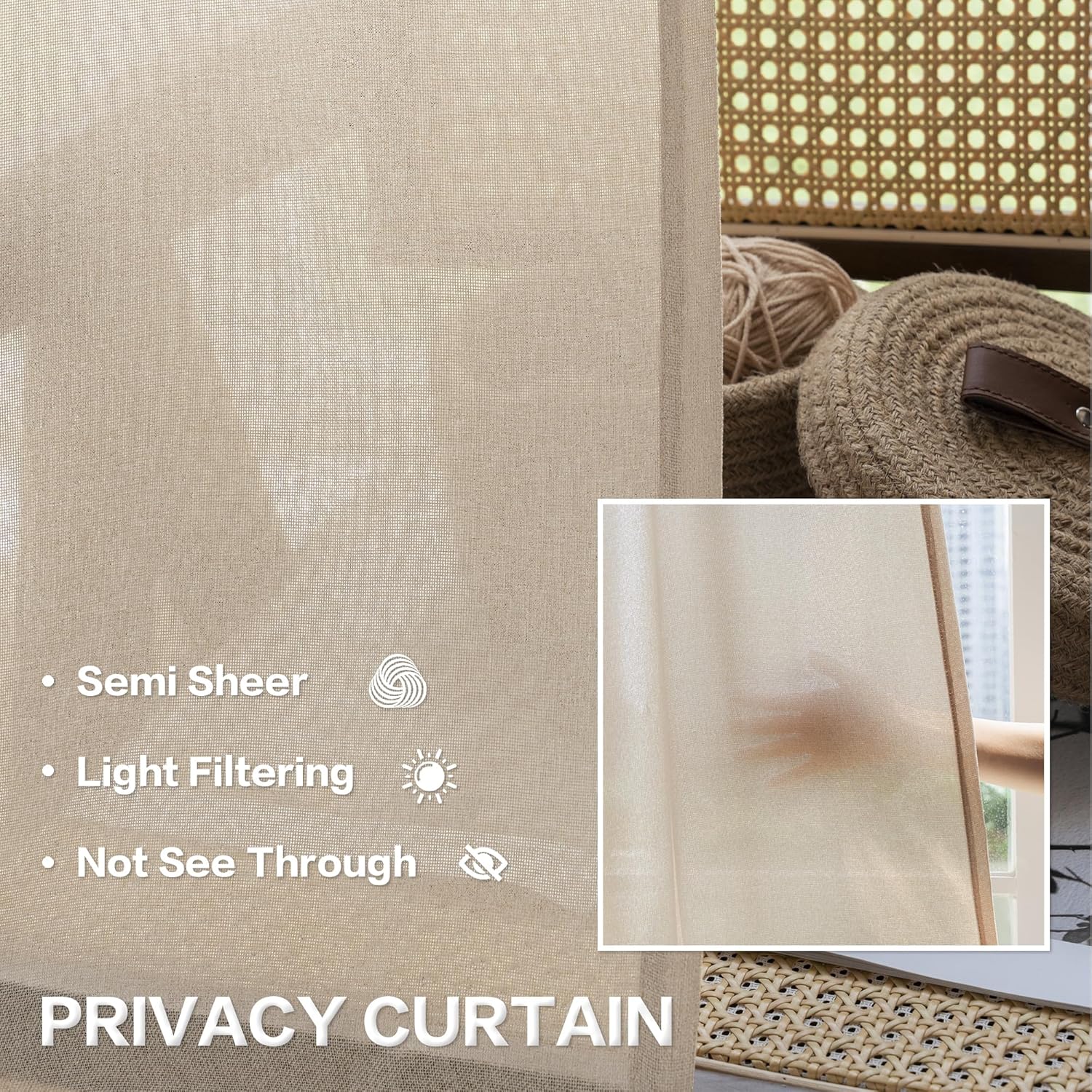 2 Cortinas traslúcidas de lino color beige  52" de ancho MAIHER